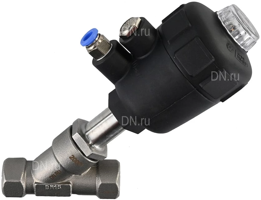 Клапан отсечной пневматический 1/2″ Ду15 Ру25, корпус - нержавеющая сталь SS316, резьбовой, Y-образный, корпус привода - пластик (VSP3241P-T-1PNC)