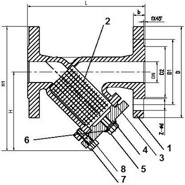 Чертеж Фильтр сетчатый ABRA-YF-3016-D Ду40 Ру16 чугунный фланцевый