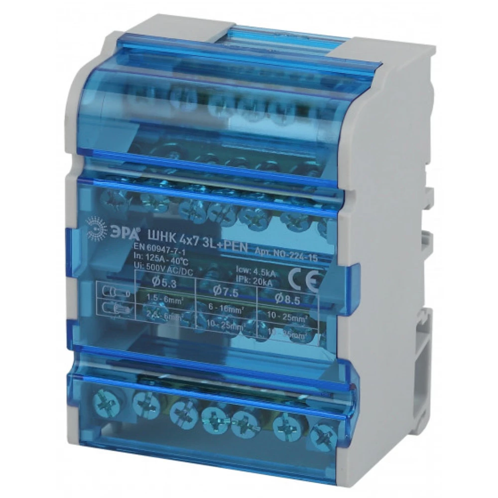 Шины на DIN-рейку ЭРА NO-224-15 в корпусе кросс-модуль ШНК 4х7 3L+PEN, количество полюсов - 4, количество зажимов на полюс - 7 Б0043933