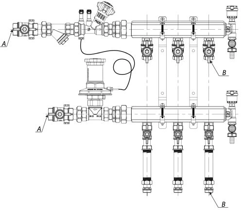 Узел коллекторный отопления Giacomini GE553-B1 3/4″ Ду32 Ру10 GE553Y002 отводов - 2 x 1/2″ для индивидуального учёта тепла, этажный, с общей балансировкой