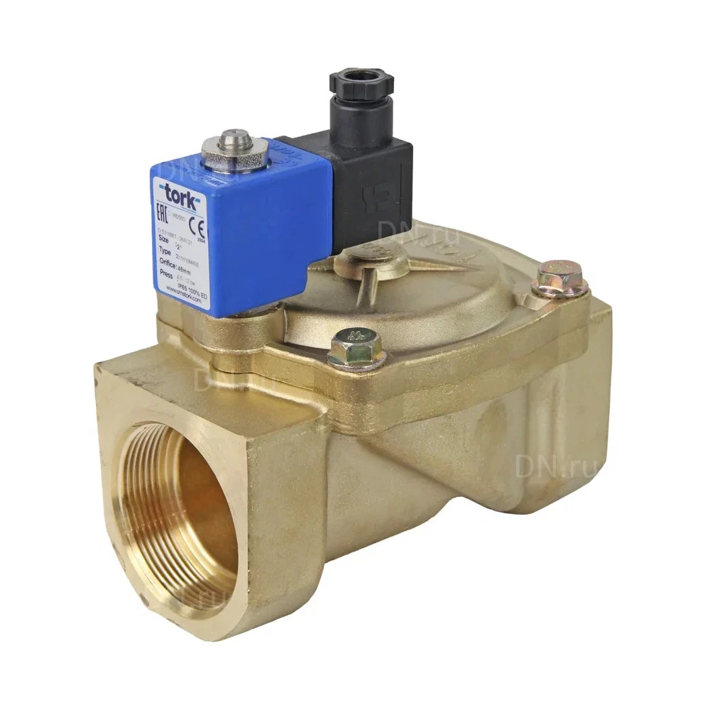 Клапан электромагнитный соленоидный двухходовой отсечной Tork S1010 1 1/2″ Ду40 Ру12 пилотного действия, нормально-закрытый (НЗ), корпус - латунь, уплотнение - NBR, катушка 220B