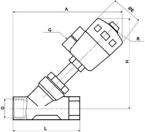 Клапан отсечной пневматический 1/2″ Ду15 Ру25, корпус - нержавеющая сталь SS316, резьбовой, Y-образный, корпус привода - пластик (VSP3241P-T-1PNC)
