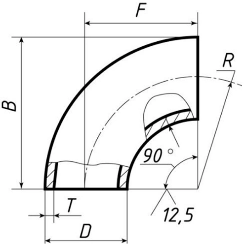 Отвод бесшовный крутоизогнутый 90° Св-Св-Ст20 2 1/2″ Ду65 Ру100 ГОСТ 17375-2001 исполнение 2, наружный диаметр - 76мм, толщина стенки - 5мм, корпус - сталь 20, присоединение - под приварку