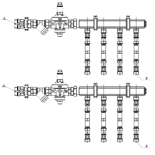 Узел коллекторный отопления Giacomini GE550-R4 1″ Ду32 Ру10 GE550Y369 9 выходов x3/4″, корпус - латунь, этажный, для индивидуального учета воды
