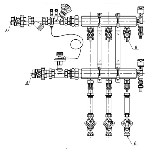 Узел коллекторный отопления Giacomini GE553-B3 1″ Ду32 Ру10 GE553Y161 11 выходов x3/4″, корпус - латунь, этажный, подключение к системе с балансировочной парой