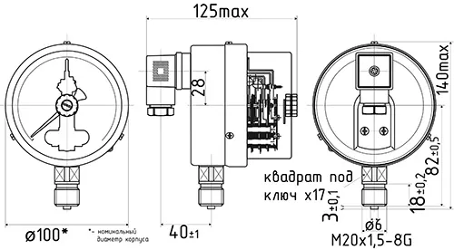 Вакуумметр ФИЗТЕХ ДВ2010ф -100-0 кПа d.100 класс точности 1.5, резьбовое соединение М20х1.5, степень защиты корпуса IP40, электроконтактный, с сигнализирующим устройством тип V, радиальное присоединение