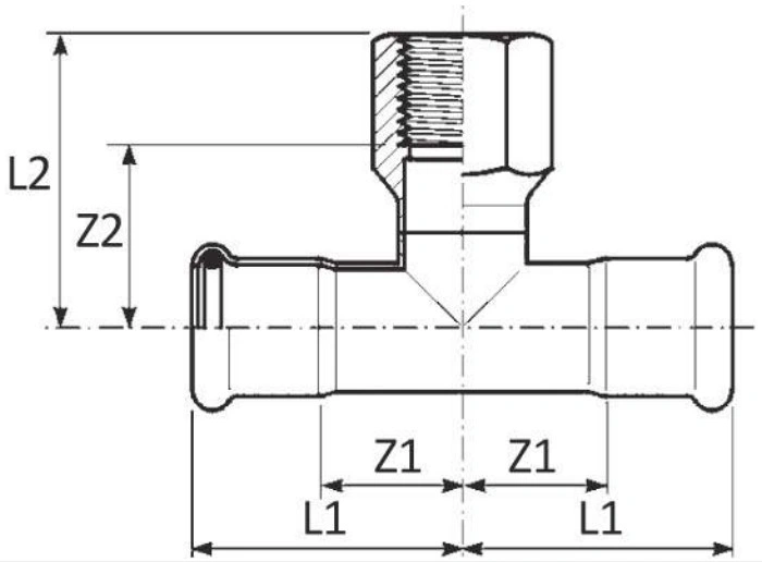 Тройник RM InoxPRES 189 Дн28х1/2″х28 Ру16 переходной, нержавеющая сталь AISI 316L, присоединение пресс/внутренняя резьба BSP