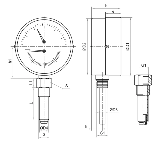 Термоманометр Росма ТМТБ-41Р.3 (0-120°C) (0-1,6MПa) G1/2 2,5, корпус 100мм, тип - ТМТБ-41Р.3, длина клапана 100мм, до 120°С, радиальное присоединение, 0-1,6MПa, резьба G1/2, класс точности 2.5