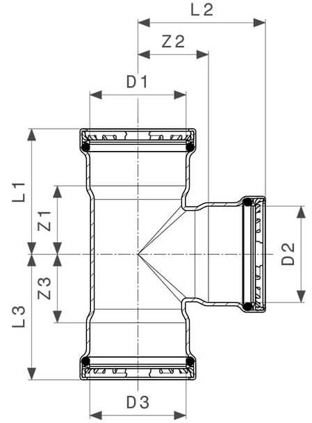 Тройник переходной Viega Megapress S XL с SC-Contur Дн4″х1 1/2″х4″ Ру16 стальной оцинкованный, присоединение - пресс