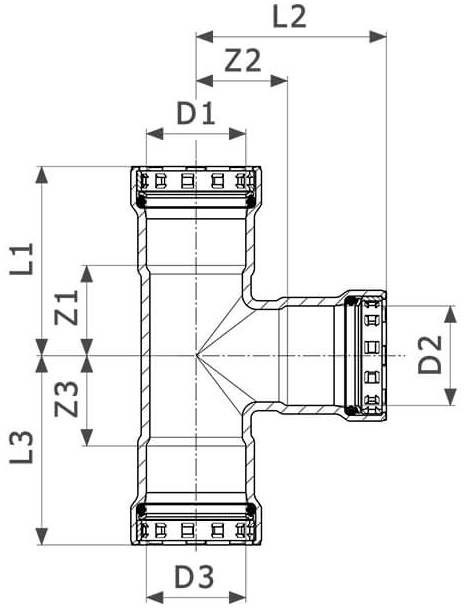 Тройник переходной Viega Megapress с SC-Contur Дн1 1/2″x3/4″x1 1/2″ Ру16 стальной оцинкованный, присоединение - пресс