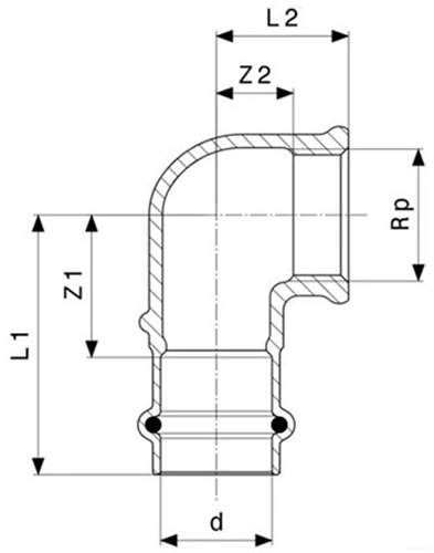 Эскиз Угол пресс Viega Profipress G с SC-Contur 2614.2 Дн15x1/2″ 90° корпус бронза, пресс/ВР, 