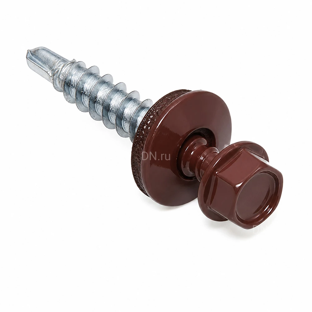 Саморез Китай 5.5х25 RAL8017 (3500шт) кровельный (по металлу), головка - шестигранная, диаметр - 5.5мм, длина - 25мм, материал - углеродистая сталь, наконечник - сверло, покрытие - порошковая окраска, цвет - шоколадно-коричневый, упаковка - 3500шт