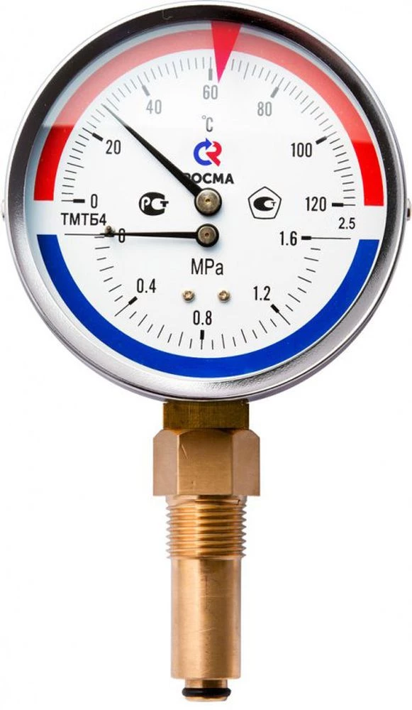 Термоманометр Росма ТМТБ-41Р.3 (0-120°C) (0-1,6MПa) G1/2 2,5, корпус 100мм, тип - ТМТБ-41Р.3, длина клапана 100мм, до 120°С, радиальное присоединение, 0-1,6MПa, резьба G1/2, класс точности 2.5