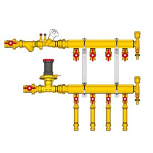 Узел коллекторный отопления Giacomini GE553-B1 1″ Ду32 Ру10 GE553Y115 5 выходов x3/4″, корпус - латунь, этажный, подключение к системе с балансировочной парой