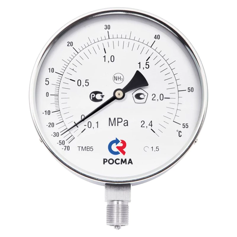 Мановакуумметр радиальный Росма ТМВ-511Р.00 NH3 (-0.1-2.4МПа)/(-70-+55C) М20х1.5 1.5 аммиачный 100мм, тип - ТМВ-511, радиальное присоединение, двойная шкала (-0.1-2.4МПа)/(-70-+55C), резьба М20х1.5, класс точности 1.5, цвет хром