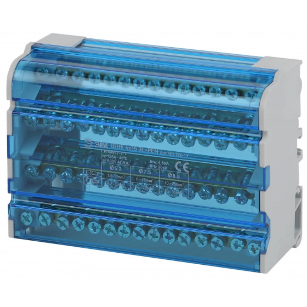 Шины на DIN-рейку ЭРА NO-224-17 в корпусе кросс-модуль ШНК 4х15 3L+PEN, количество полюсов - 4, количество зажимов на полюс - 15 Б0043935