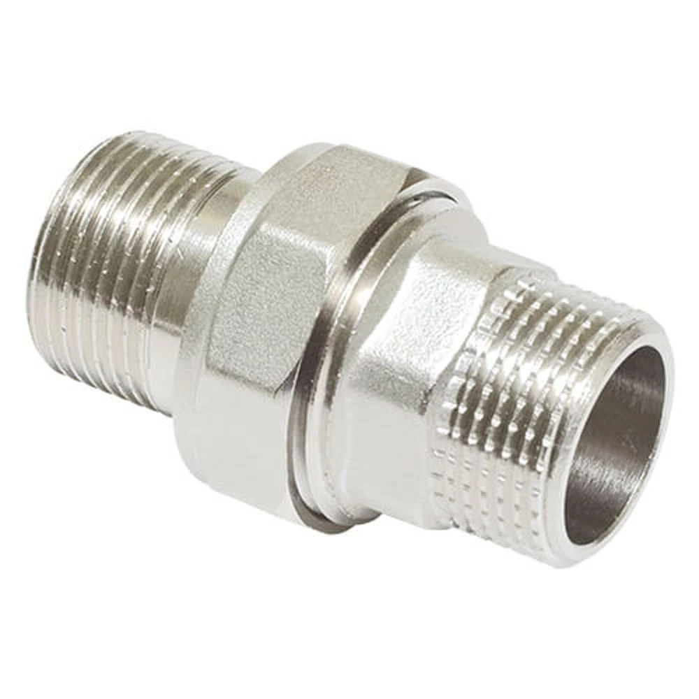 Соединитель ALTSTREAM (TEBO) 1/2″ Ду15 Ру40, прямой, корпус – никелированная латунь, американка наружная резьба