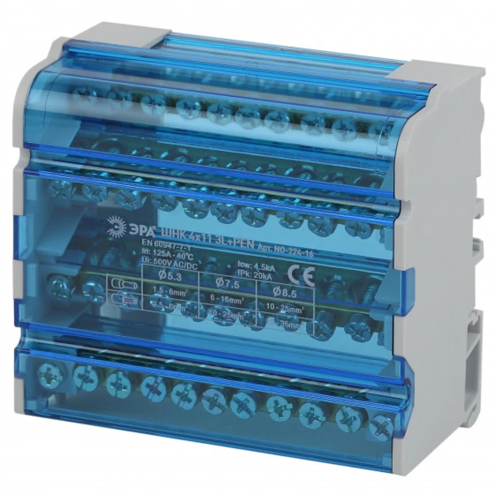 Шины на DIN-рейку ЭРА NO-224-16 в корпусе кросс-модуль ШНК 4х11 3L+PEN, количество полюсов - 4, количество зажимов на полюс - 11 Б0043934