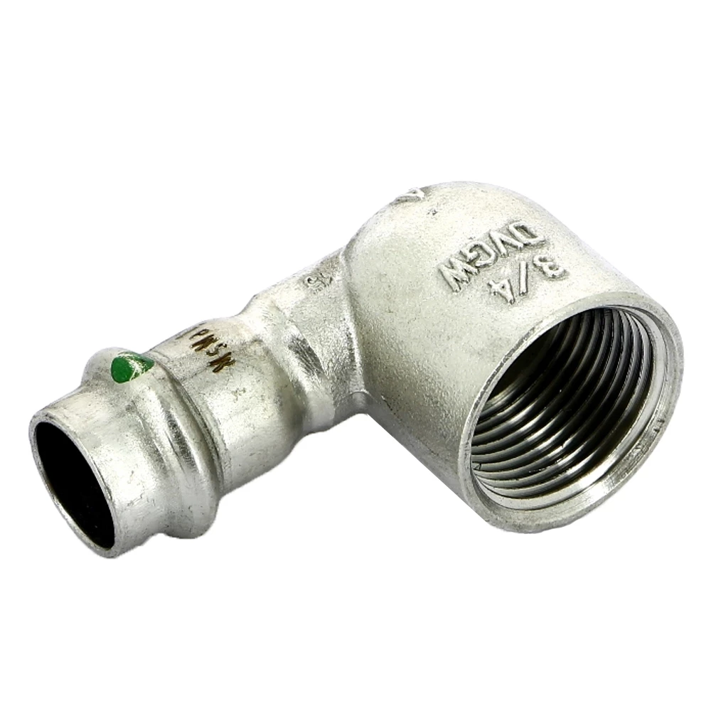 Угольник Viega Sanpress Inox SC-Contur 2314.2 Дн15х3/4″ Ру16 с разъемным соединением и плоской прокладкой, из нержавеющей стали, 90°, внутренняя резьба / пресс