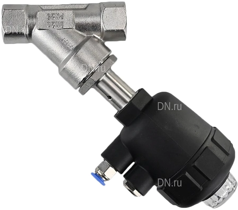 Клапан отсечной пневматический 3/4″ Ду20 Ру25, корпус - нержавеющая сталь SS316, резьбовой, Y-образный, корпус привода - пластик (VSP3241P-T-1PNC)