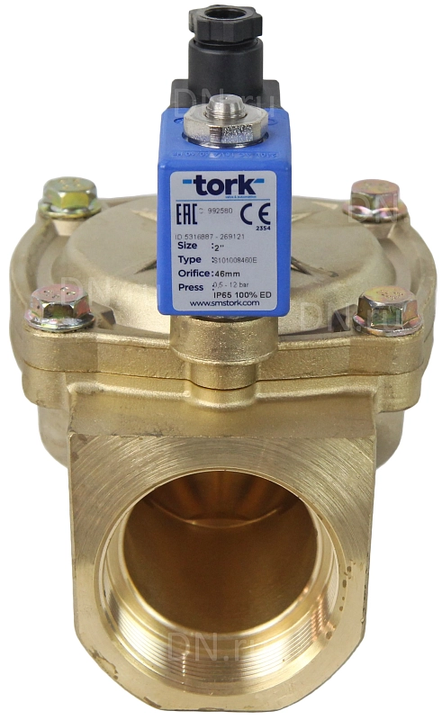 Клапан электромагнитный соленоидный двухходовой отсечной Tork S1010 1 1/2″ Ду40 Ру12 пилотного действия, нормально-закрытый (НЗ), корпус - латунь, уплотнение - NBR, катушка 220B