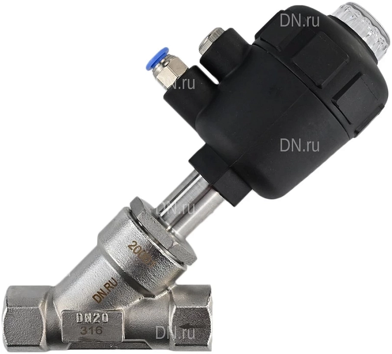 Клапан отсечной пневматический 3/4″ Ду20 Ру25, корпус - нержавеющая сталь SS316, резьбовой, Y-образный, корпус привода - пластик (VSP3241P-T-1PNC)