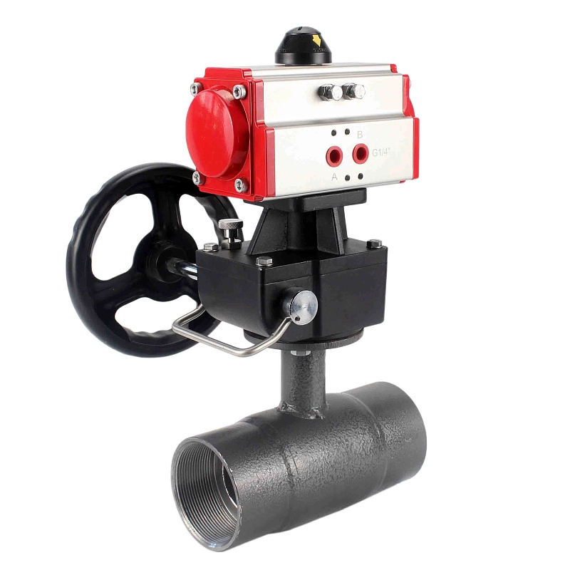 Кран шаровой ALSO КШ.М.Р.065.25-01 2 1/2″ Ду65 Ру25 стандартнопроходной, внутренняя резьба, корпус - сталь 20, уплотнение - PTFE, управление - пневмопривод PA-DA-083 с ручным дублером HDM-2