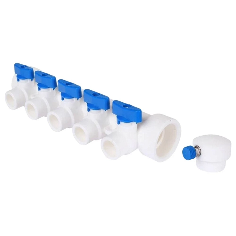 Коллектор PP-R Kalde Дн40/5х20 Ру25 с воздухоотводчиком и запорными кранами, под сварку, корпус - полипропилен, синий
