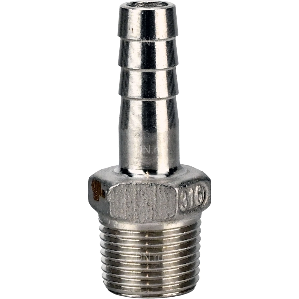 Штуцер елочка BF32-T-1/2-15 1/2″х15мм Ду15 Ру16 шланговый, корпус - нержавеющая сталь AISI 316 (CF8M), присоединение - наружная резьба/штуцер