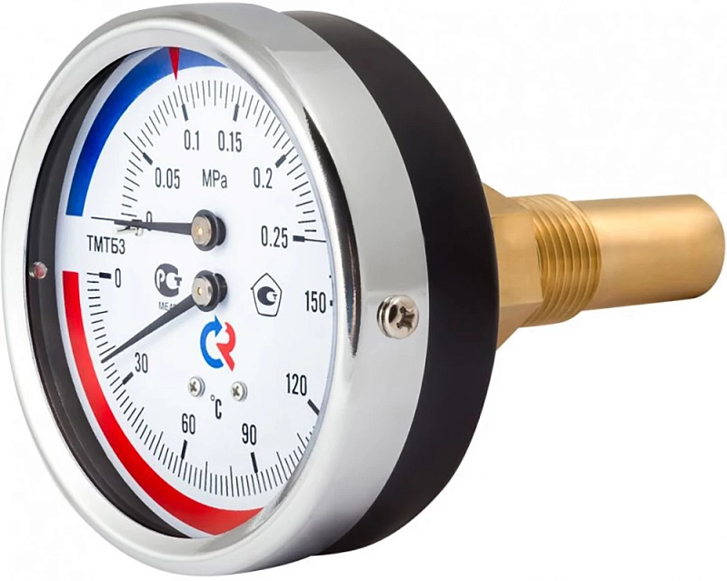 Термоманометр Росма ТМТБ-31Т.3 (0-120°C) (0-2,5MПa) G1/2 2,5, корпус 80мм, тип - ТМТБ-31T.3, длина клапана 100мм, до 120°С, осевое присоединение, 0-2,5MПa, резьба G1/2, класс точности 2.5
