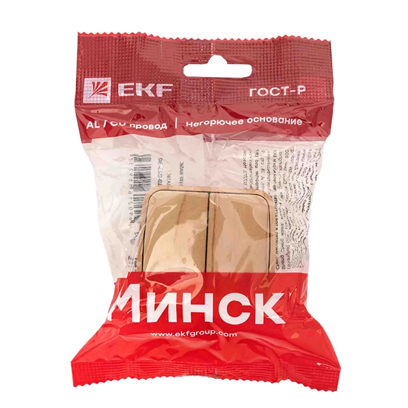 Выключатель двухклавишный EKF Basic Минск открытой установки, номинальный ток - 10 А, степень защиты IP20, цвет - светлое дерево EGV10-023-30