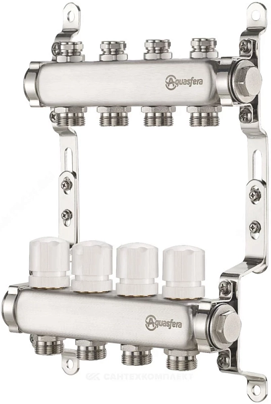 Группа коллекторная Aquasfera 9504 Ду25 Ру10 внутренняя резьба, выходов 6х3/4″ наружная резьба под евроконус с балансировочными и регулирующими клапанами, нержавеющая сталь