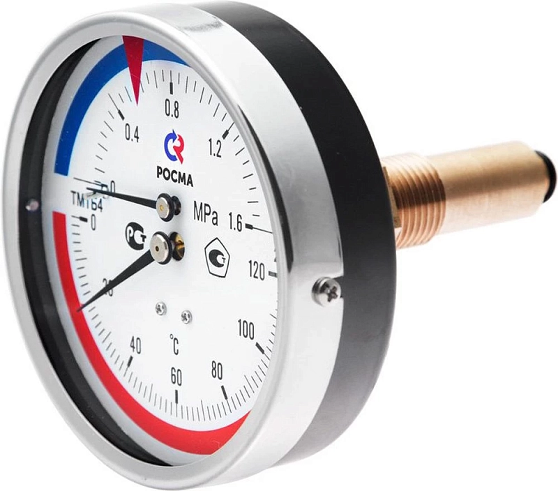 Термоманометр Росма ТМТБ-41Т.2 (0-150°C) (0-1,6MПa) G1/2 2,5, корпус 100мм, тип - ТМТБ-41T.2, длина клапана 64мм, до 150°С, осевое присоединение, 0-1,6MПa, резьба G1/2, класс точности 2.5