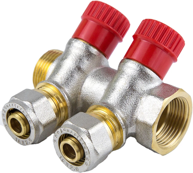 Коллектор Aquasfera 7018-01 3/4″ Ду20 Py16 выходов 2x16 мм обжим с регулирующими клапанами, красные ручки для МП труб, вн/нар резьба, корпус латунь, с межосевым расстоянием выходов 35 мм