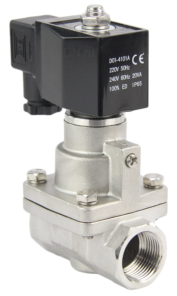 Клапан электромагнитный 1″ Ду25 Ру16 соленоидный двухходовой поршневой, резьбовой, корпус - нержавеющая сталь AISI 304, уплотнение - PTFE, пилотного действия, нормально закрытый, катушка - 220В AC (VS1031-PT-NC-220VAC)