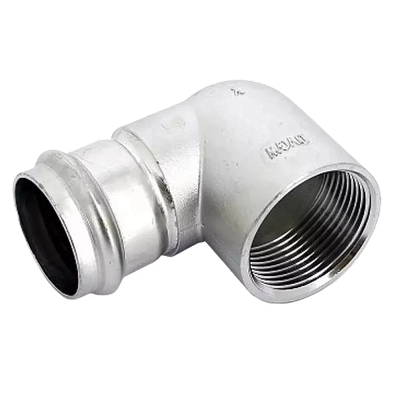 Угольник Viega Sanpress Inox SC-Contur 2314.2 Дн54х2″ Ру16 с разъемным соединением и плоской прокладкой, из нержавеющей стали, 90°, внутренняя резьба / пресс