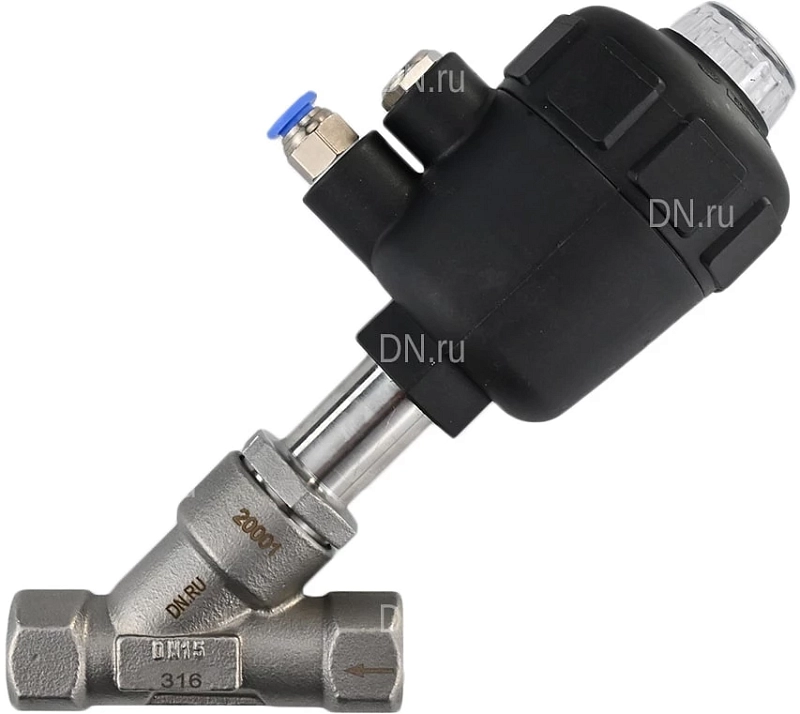 Клапан отсечной пневматический 1/2″ Ду15 Ру25, корпус - нержавеющая сталь SS316, резьбовой, Y-образный, корпус привода - пластик (VSP3241P-T-1PNC)