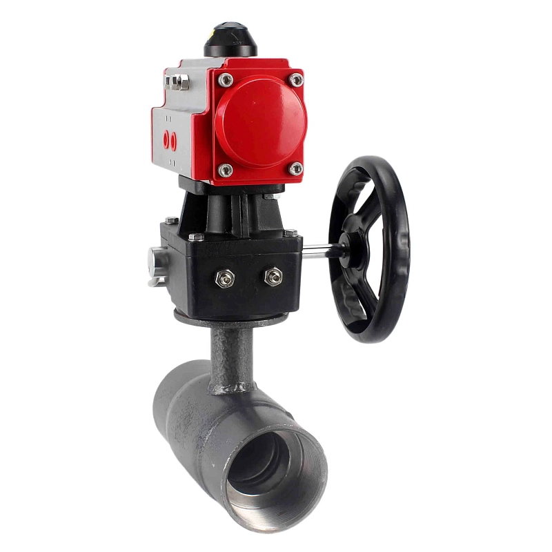 Кран шаровой ALSO КШ.М.Р.065.25-01 2 1/2″ Ду65 Ру25 стандартнопроходной, внутренняя резьба, корпус - сталь 20, уплотнение - PTFE, управление - пневмопривод PA-DA-083 с ручным дублером HDM-2