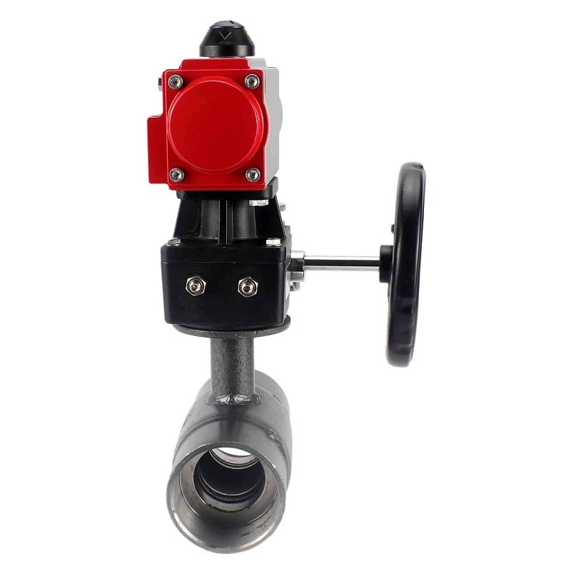 Кран шаровой ALSO КШ.М.Р.065.25-01 2 1/2″ Ду65 Ру25 стандартнопроходной, внутренняя резьба, корпус - сталь 20, уплотнение - PTFE, управление - пневмопривод PA-DA-083 с ручным дублером HDM-2