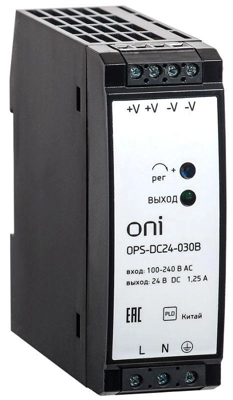 Блок питания ONI OPS 220В AC/24В DC 30Вт, мощность 30 Вт, ток 1.25 А, степень защиты IP20, подключение винтовое OPS-DC24-030B